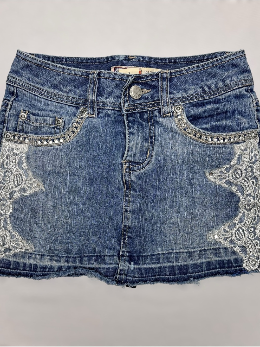 Girls Embellished Blue Denim Skirt with White Lace